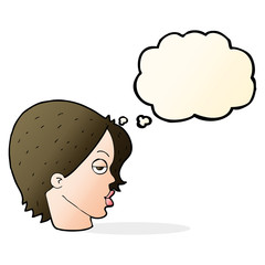 cartoon woman raising eyebrow with thought bubble