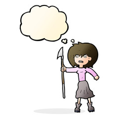 cartoon woman with harpoon with thought bubble