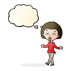 cartoon woman shrugging shoulders with thought bubble