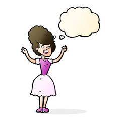 cartoon happy 1950's woman with thought bubble