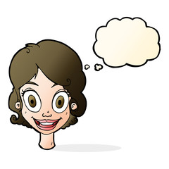cartoon happy woman with thought bubble