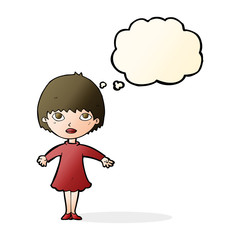 cartoon woman in dress with thought bubble