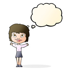 cartoon woman waving arms with thought bubble
