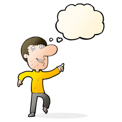cartoon happy man dancing with thought bubble