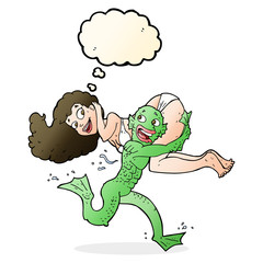 cartoon swamp monster carrying girl in bikini with thought bubbl