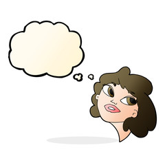 cartoon happy woman with thought bubble