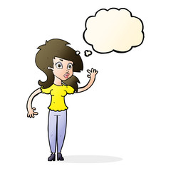 cartoon pretty woman waving with thought bubble