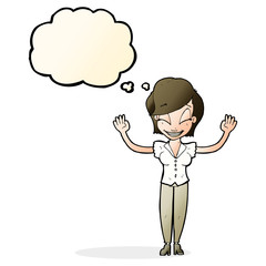 cartoon pretty woman with hands in air with thought bubble