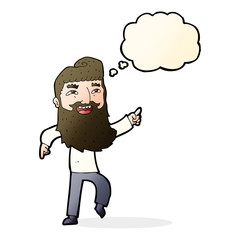 cartoon man with beard laughing and pointing with thought bubble
