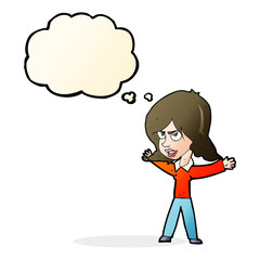 cartoon woman gesturing with thought bubble