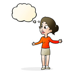 cartoon pretty woman explaining something with thought bubble