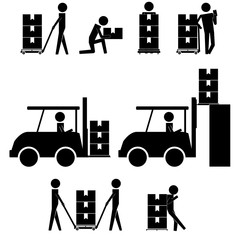 man moving box and things with fork lift togeteher icon sign symbol vector pictogram