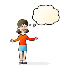 cartoon happy woman shrugging shoulders with thought bubble