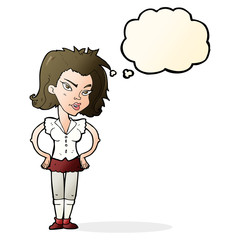 cartoon woman with hands on hips with thought bubble