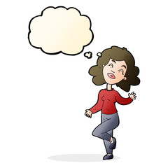 cartoon happy woman dancing with thought bubble