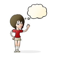 cartoon pretty woman waving with thought bubble