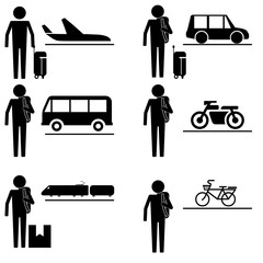 people traveling with various transportation with various luggage and baggage icon sign symbol vector pictogram