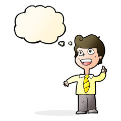 cartoon school boy raising hand with thought bubble
