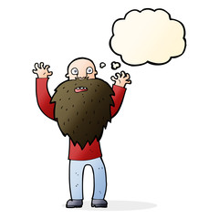 cartoon frightened old man with beard with thought bubble