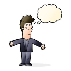 cartoon happy man with open arms with thought bubble