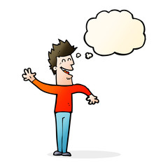 cartoon happy man waving with thought bubble