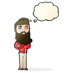 cartoon serious man with beard with thought bubble