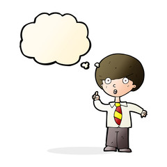 cartoon school boy answering question with thought bubble