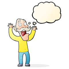 cartoon old man getting a fright with thought bubble