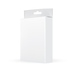 VECTOR PACKAGING: Side view of white gray packaging box with hole to hang on white background. Mock-up template ready for design.