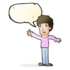 cartoon worried man reaching out with thought bubble