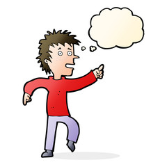 cartoon happy man pointing with thought bubble