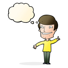cartoon grinning man with idea with thought bubble