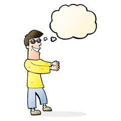 cartoon grinning man wearing glasses with thought bubble