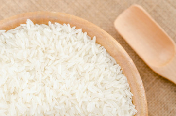 Portion of Rice on rustic wooden.