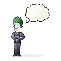 cartoon happy vampire man with thought bubble
