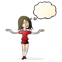 cartoon woman shrugging shoulders with thought bubble