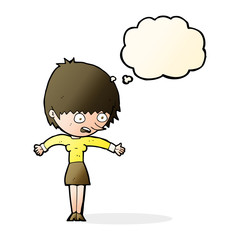 cartoon woman panicking with thought bubble