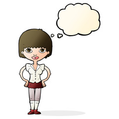 cartoon woman with hands on hips with thought bubble