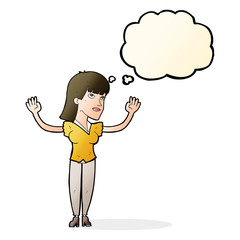 cartoon woman throwing hands in air with thought bubble