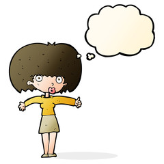 cartoon woman giving thumbs up symbol with thought bubble