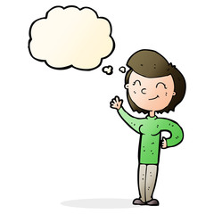 cartoon friendly waving woman with thought bubble