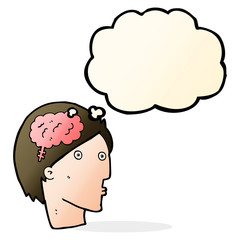 cartoon man with brain symbol with thought bubble