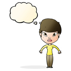 cartoon woman shrugging shoulders with thought bubble