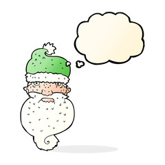 cartoon grim santa face with thought bubble