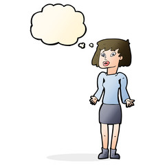 cartoon woman shrugging shoulders with thought bubble