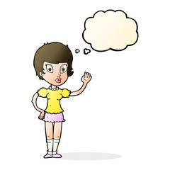cartoon pretty girl waving with thought bubble
