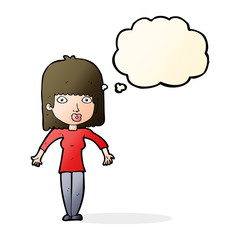 cartoon woman shrugging with thought bubble