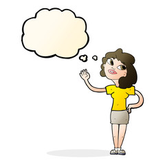 cartoon woman waving  with thought bubble