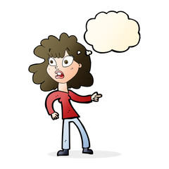 cartoon worried woman pointing with thought bubble