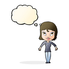 cartoon girl shrugging shoulders with thought bubble